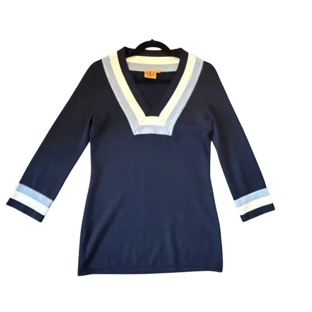 Tory Borch Cicada Merino Wool trim neck tunic sweater xsmall
